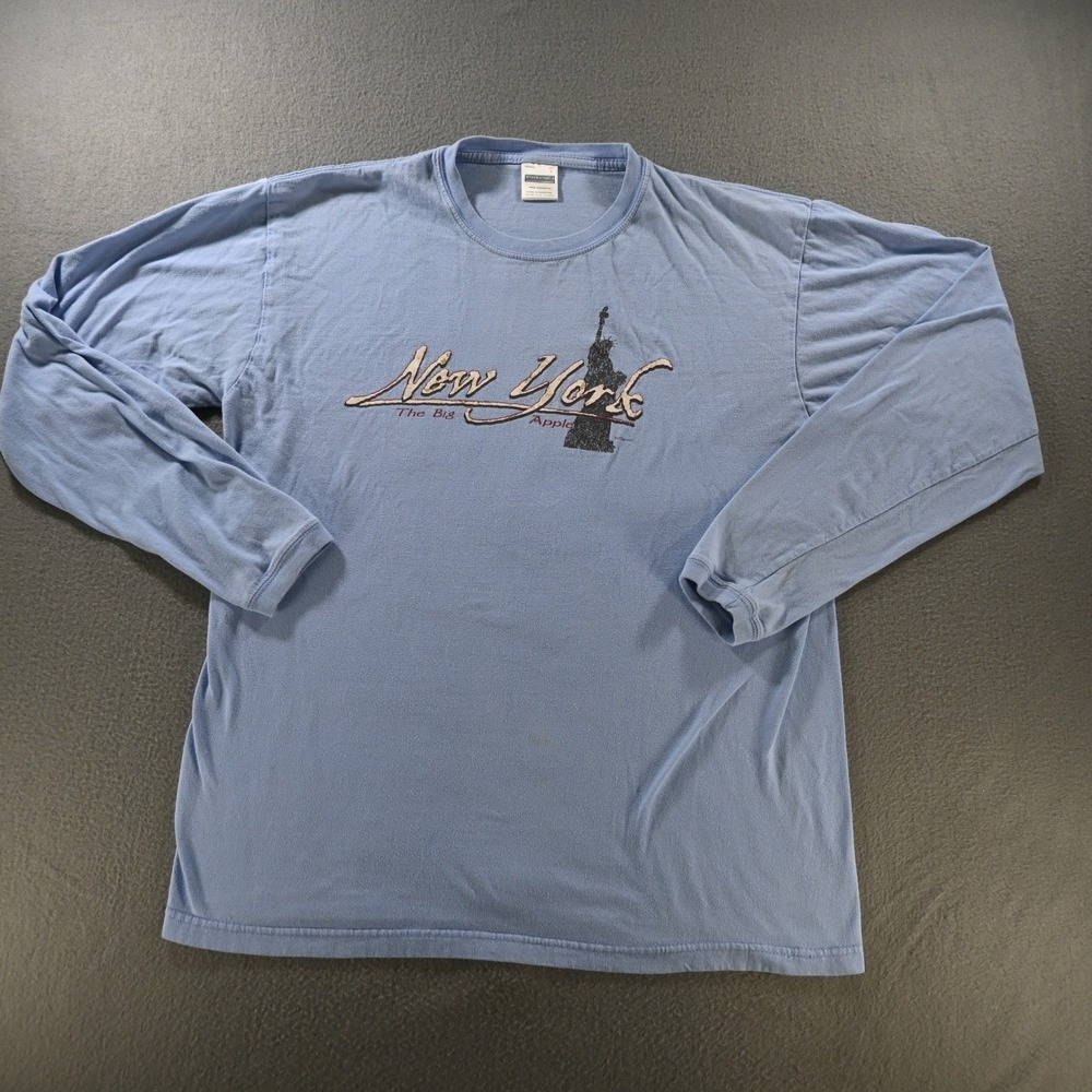 Perrin Mens New York The Big Apple Graphic Long Sleeve T-Shirt Size L Blue Y2K